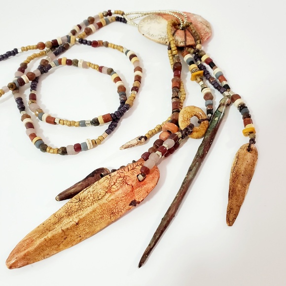 Artisan Beaded Polymer Earthy Tassel Necklace - Picture 4 of 6